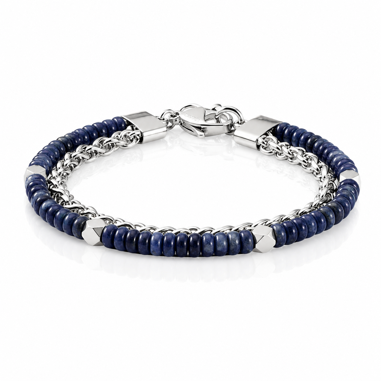Blue Stone 4mm Beaded Bracelet with Sterling Silver Chain Detail