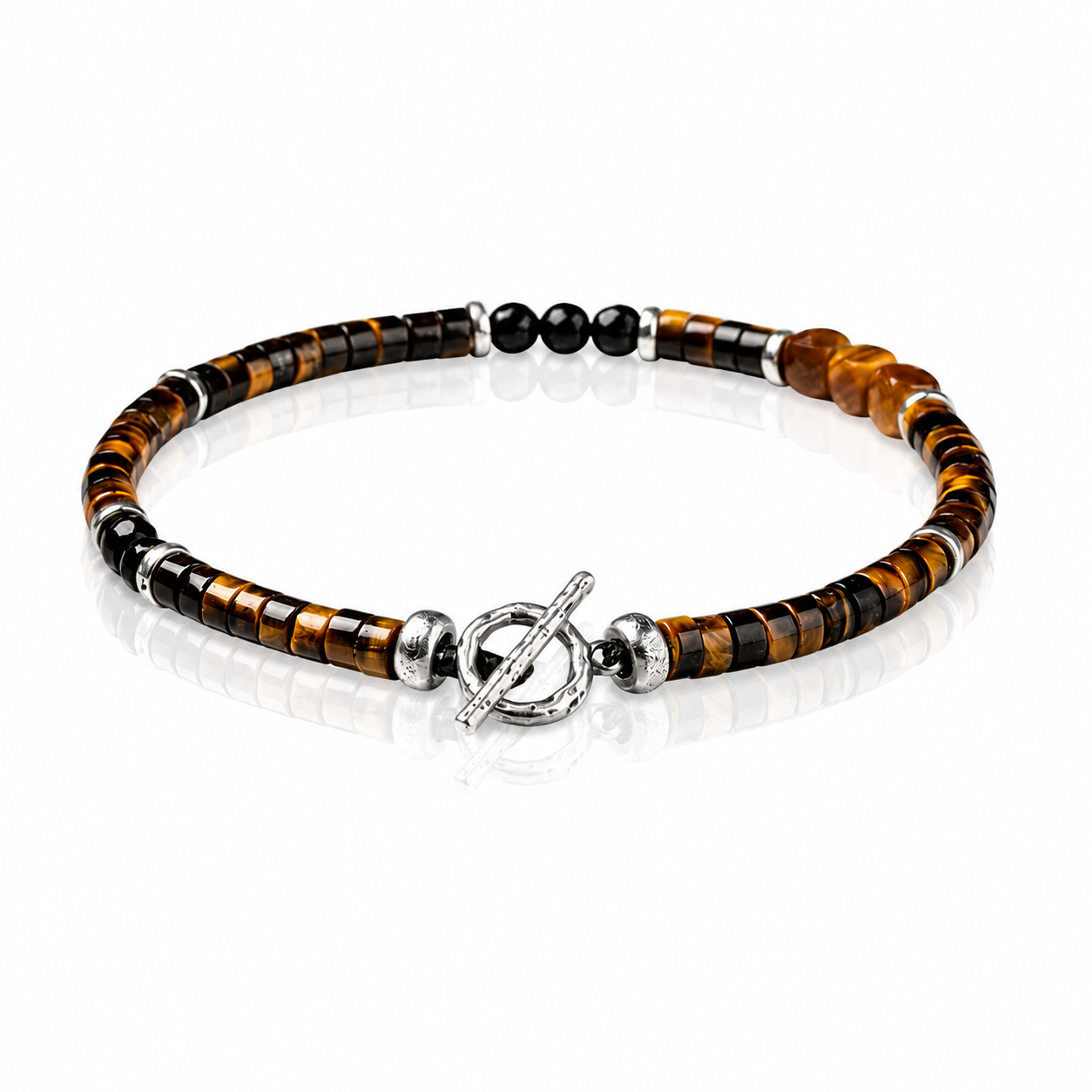Tiger Eye & Black Stone 4mm Beaded Bracelet with Sterling Silver Clasp