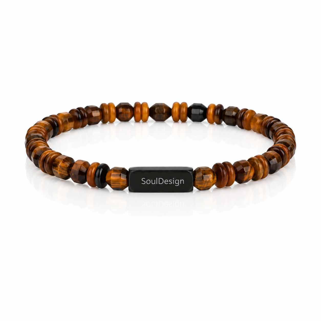 Natural Tiger Eye & Black Stone 6mm Beaded Bracelet with Silver Detail
