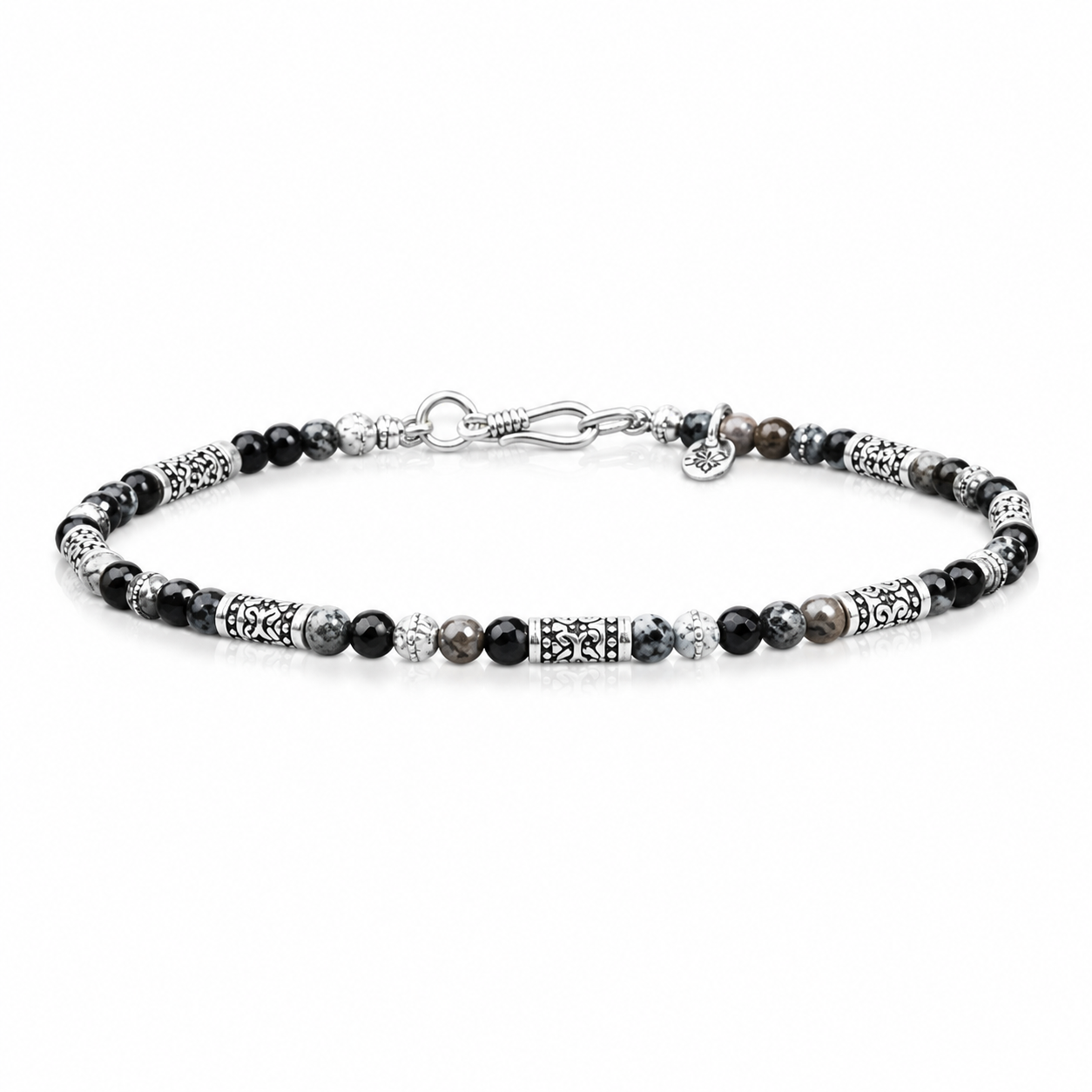 Natural Obsidian 6mm Beaded Bracelet with Sterling Silver Details