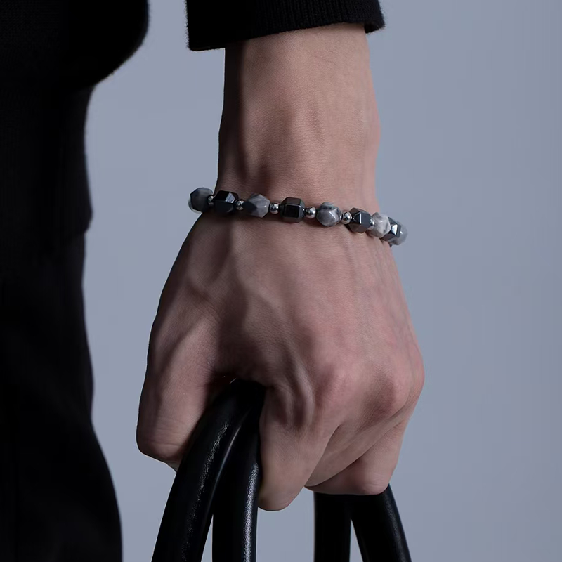 Black Agate & Grey Stone 5mm Beaded Bracelet with Silver Accents