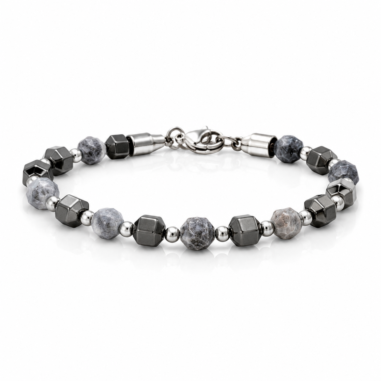 Black Agate & Grey Stone 5mm Beaded Bracelet with Silver Accents