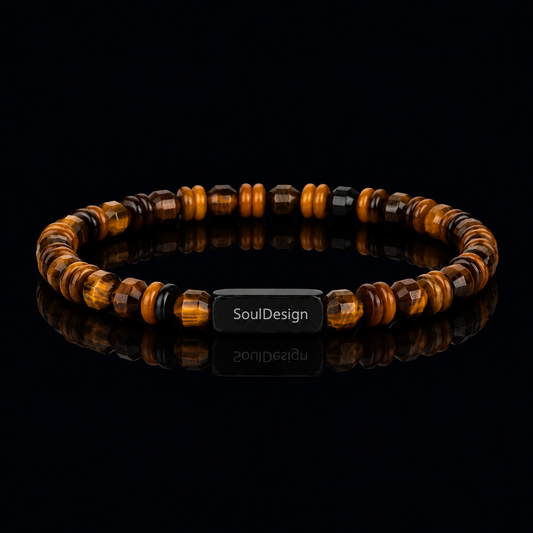 Natural Tiger Eye & Black Stone 6mm Beaded Bracelet with Silver Detail