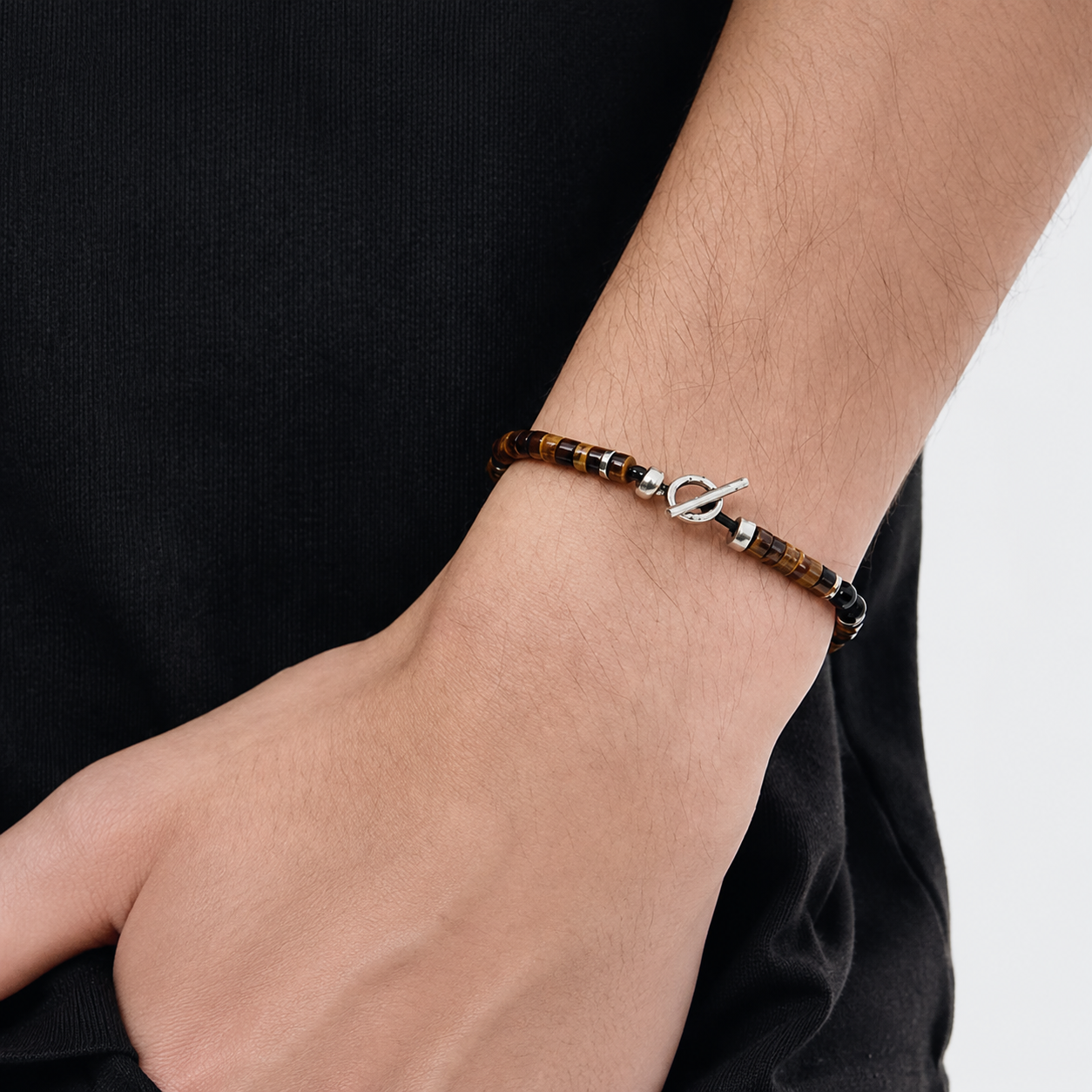 Tiger Eye & Black Stone 4mm Beaded Bracelet with Sterling Silver Clasp