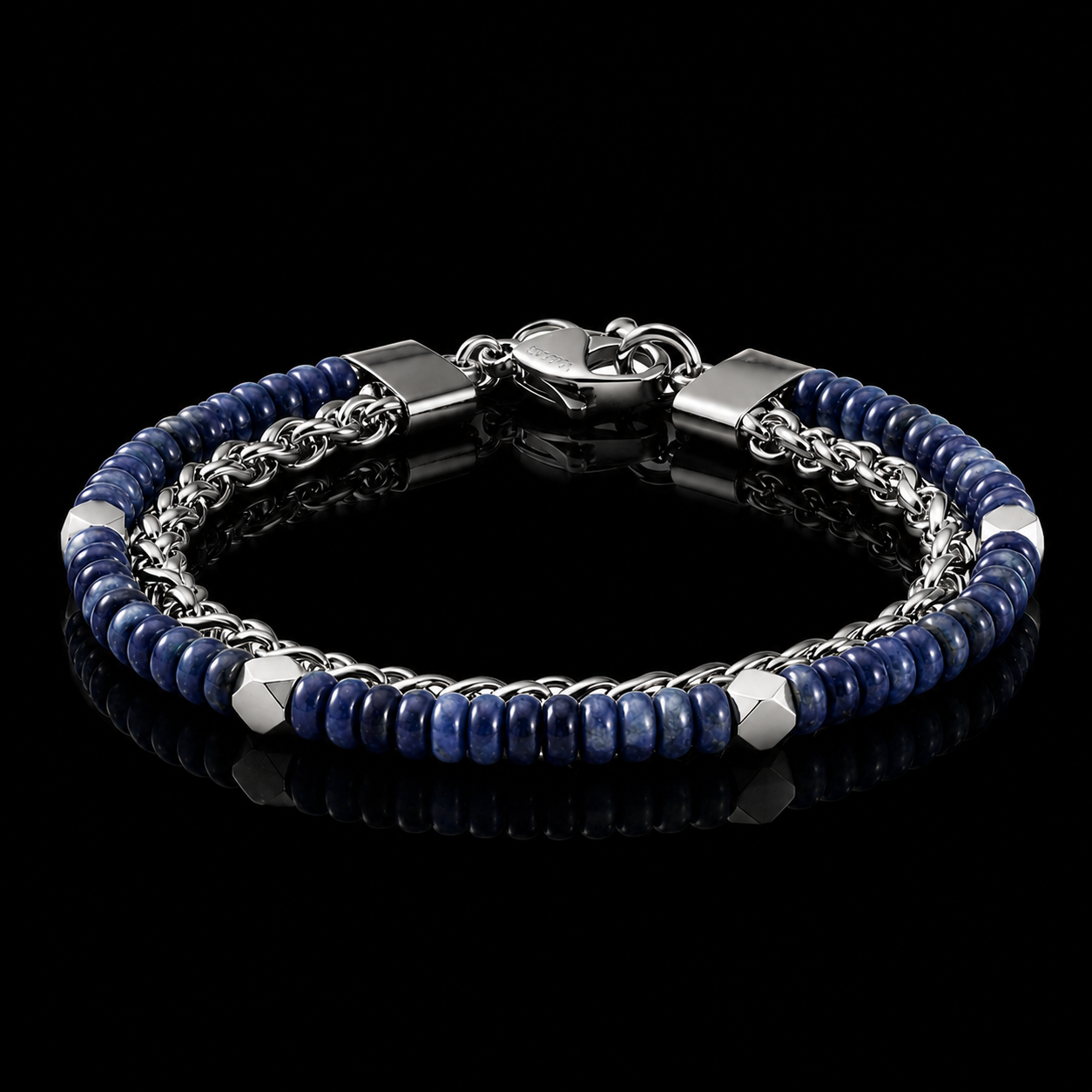Blue Stone 4mm Beaded Bracelet with Sterling Silver Chain Detail