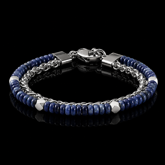 Blue Stone 4mm Beaded Bracelet with Sterling Silver Chain Detail