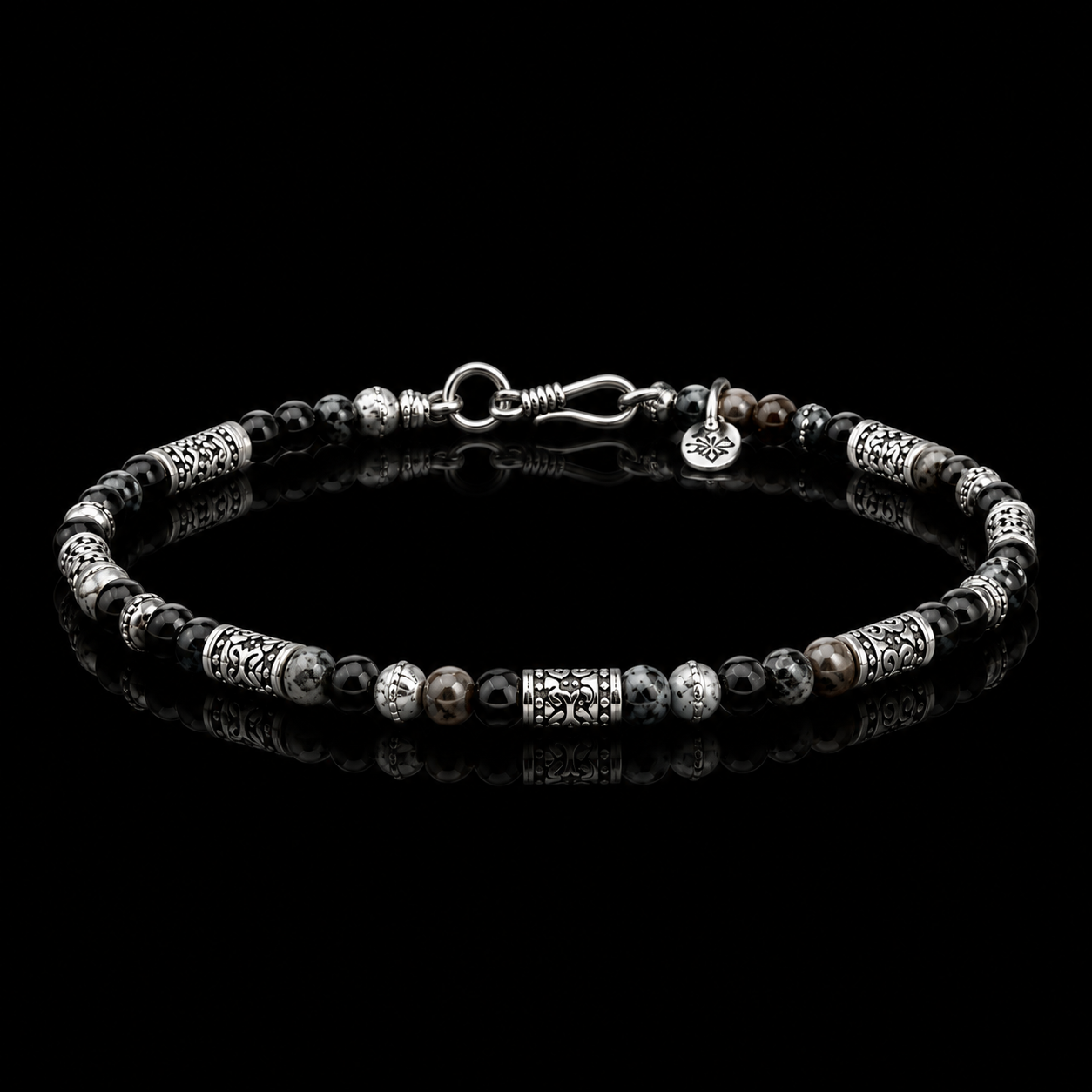 Natural Obsidian 6mm Beaded Bracelet with Sterling Silver Details