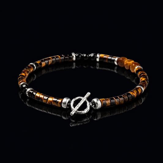 Tiger Eye & Black Stone 4mm Beaded Bracelet with Sterling Silver Clasp