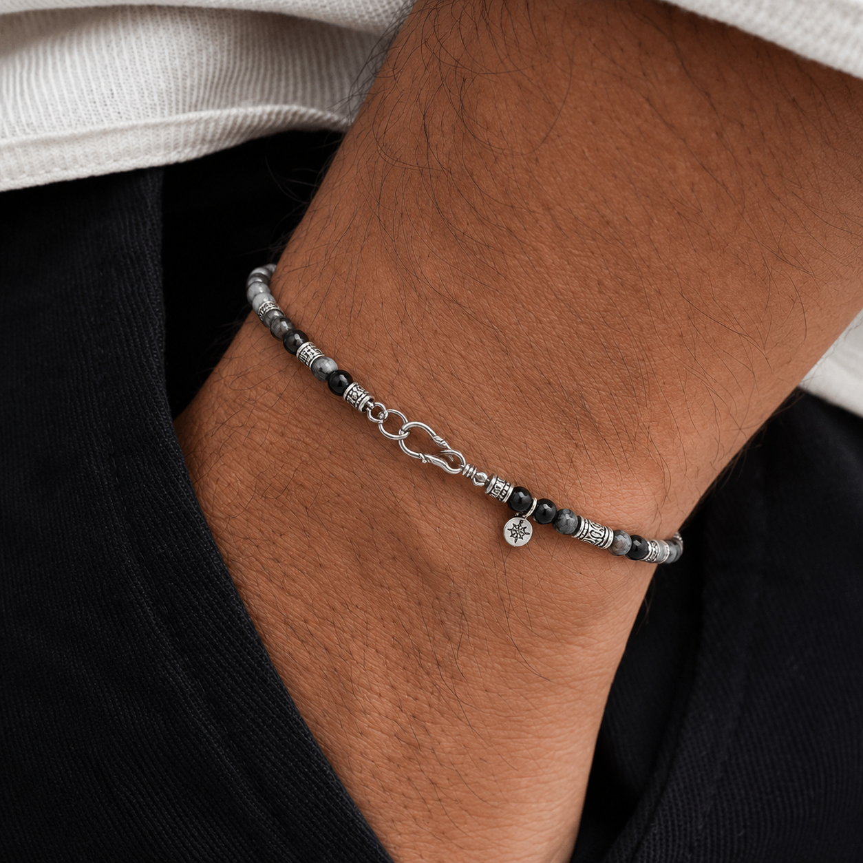 Natural Obsidian 6mm Beaded Bracelet with Sterling Silver Details