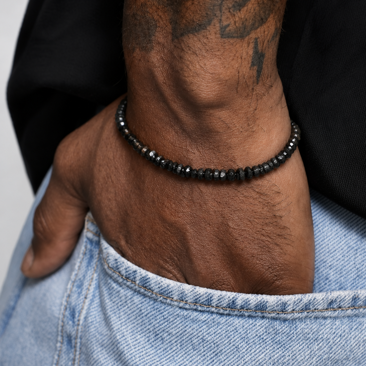 Natural Black Stone 6mm Raw Beaded Bracelet