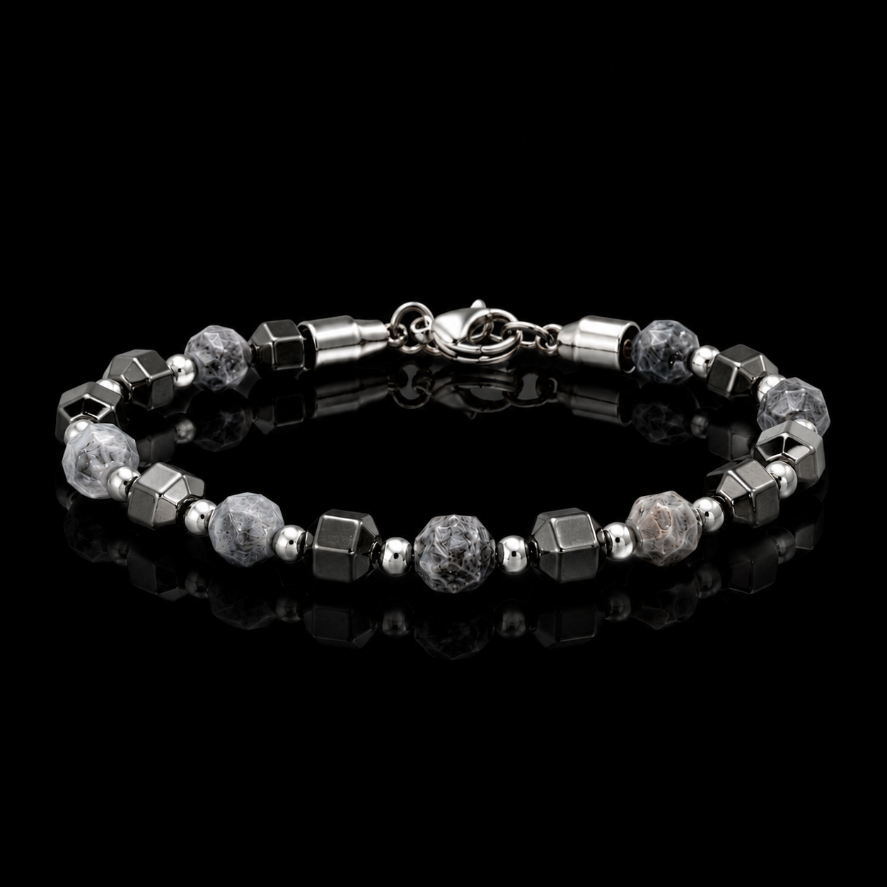 Black Agate & Grey Stone 5mm Beaded Bracelet with Silver Accents