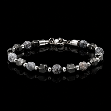 Black Agate & Grey Stone 5mm Beaded Bracelet with Silver Accents